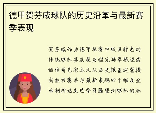 德甲贺芬咸球队的历史沿革与最新赛季表现