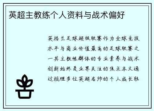 英超主教练个人资料与战术偏好